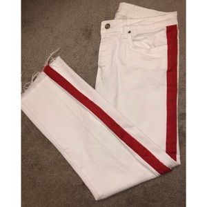 Zara white straight jeans with red stripe
